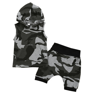 

Summer Baby Boys Clothes for Girls Casual Sleeveless Camouflage Print Hoodie T-shirt TopsShorts Costume Set 2