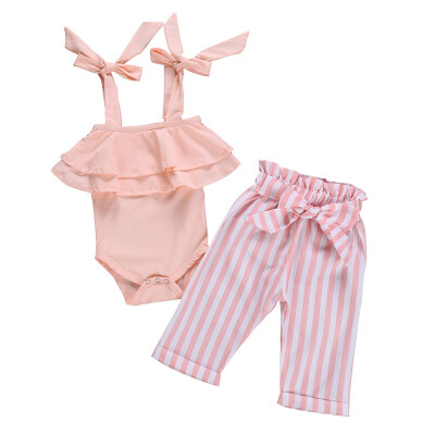 

Summer Baby Girl Adorable Strap Design Romper Tops Striped Print Trousers Casual Outfits Clothes