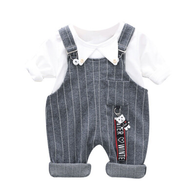 

Toddler Newborn Boy Girl Cute Autumn Outfits Long Sleeve Blouse TopStrap Striped Trousers Casual Sets Bib Pants