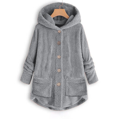 

Toponeto Women Plus Size Button Plush Tops Hooded Loose Cardigan Wool Coat Winter Jacket