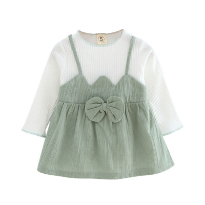 

Newborn Baby Girls Fake Two-piece Bow Long-sleeved Dress Casual Dress Outfits Fashion Summer Spring Clothes