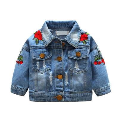 

2018 Girls Jean Jackets Kids Baby Rose Embroidery Coat Long Sleeve Button Denim Jackets Girls 1-5Y New