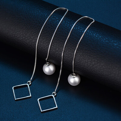 

Triangle Square Rhombus Pearl Long Ear Stud Womens Silver Fashion Earrings Gift