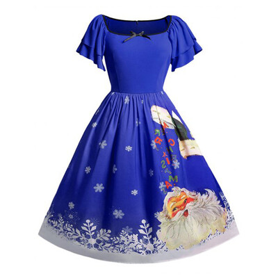 

Gobestart Women Christmas Plus Size Bow Santa Claus Print Vintage Dress
