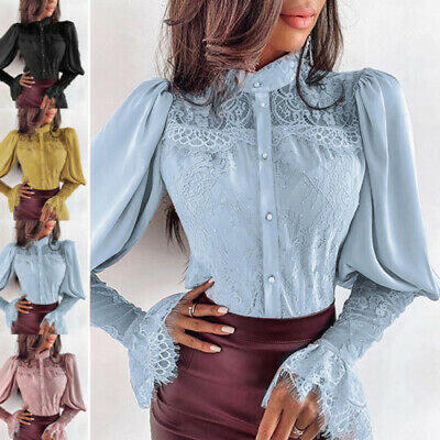 

Womens Ladies Lace Long Puff Sleeve Tops Buttons Shirt Slim Fit Casual Blouse