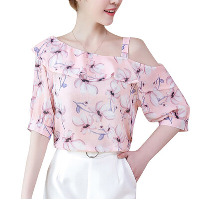 

Fashion Shirts Woman Floral Half-Sleeved One Shoulder Slash Neck Chiffon Blouse