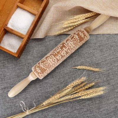 

Siaonvr Christmas Rolling Pin Engraved Carved Wood Embossed Rolling Pin Kitchen Tool