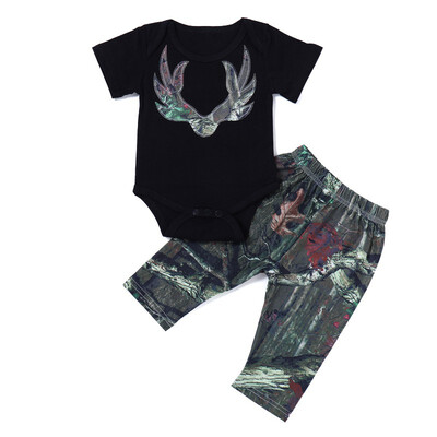 

New Tracksuit for Boys 2pcs Baby Boy Girl Pants Sets Black Short Sleeve Romper Camouflage Pants Outfits Clothes Set M1