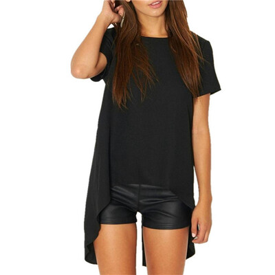 

New Split Back chiffon Shirt Irregular Hem Loose Casual Womens Blouse Women Short Sleeve Long Top O Neck Blouse Cotton Blusas
