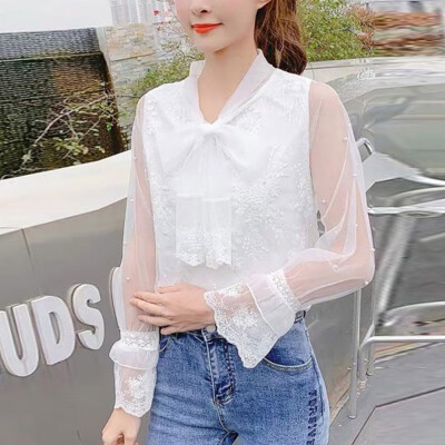 

2XL Women\s Lace Blouses Sexy Bow Tie Neck Long Sleeve Embroidered Flare Sleeve Shirt Summer White Tops Sweet Shirts