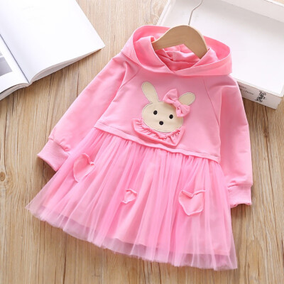 

Baby Girl Dress 1-6T New Autumn Letter Print Hooded Mesh Stitching Sweater Skirt Princess Cute Toddler Girl Long Sleeve Dress