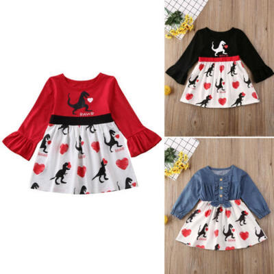 

UK Valentines Day Kids Baby Girl Long Sleeve Dinosaur Tutu Dress Party Clothes