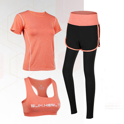 

Gym 3 Piece Set Elastic Short Sleeve Fitness Tops Trousers&Bra Summer Autumn Breathable Sports Sets For Women