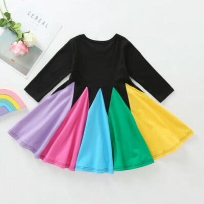 

Toddler Kids Baby Girl Princess Dress Long Sleeve Rainbow Patchwork Autumn Dress