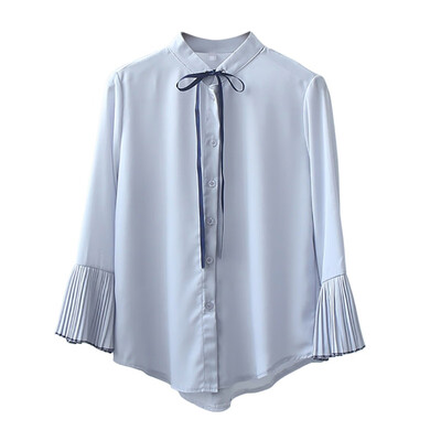 

Female Lace Up Button Stand Collar Basic Tops Pleated Flare Sleeve Blouse Solid Color Women Casual Slim Shirt Breathable Tops