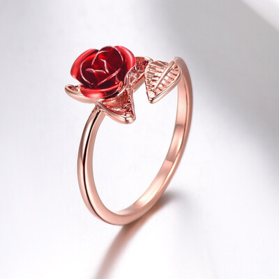 

Red Rose Garden Flower Leaves Resizable Finger Rings for Women Valentines Day Gift Jewelry Hot Sale 2019 Open Ring