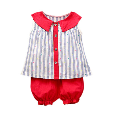 

2PcsSet Summer Baby Girls Cute Casual Sleeveless Stripe Print T-shirt TopsShorts Suits Costume Set