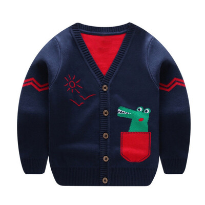 

2018 New Autumn Winter Cotton Dinosaur Pattern Pocket Sweater Baby Children Boys Girls Knitted Cardigan Outerwear