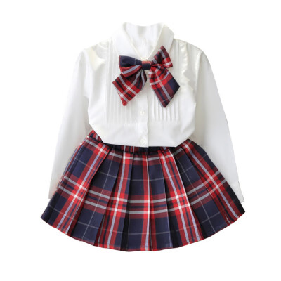 

Baby Clothes for Girls Casual Spring Autumn Solid Color Lapel Bow Long Sleeve Tops Plaid Print Skirt Set