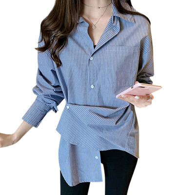 

Korean Style Office Lady Simple Retro Stripes Pattern Shirt Fashion Trend Turn Down Collar Long-sleeved Womens Loong Blouse