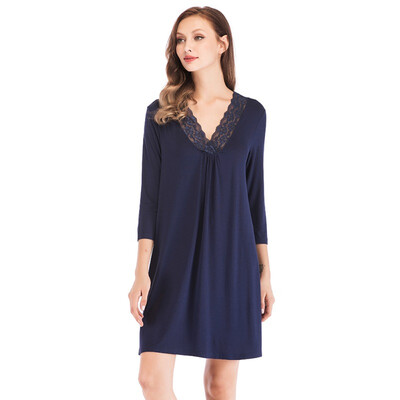 

Womens Nightgown Cotton Sleep Shirt V Neck Long Sleeve Lace Trim Sleepwear