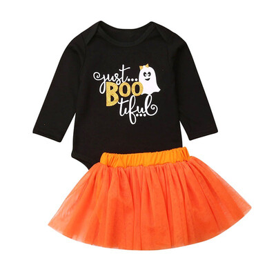 

Autumn Baby Toddler Kids Girl Clothes Set Halloween Costumes Cute Letters Print RomperMesh Skirts Clothes 2pcs Outfits Set