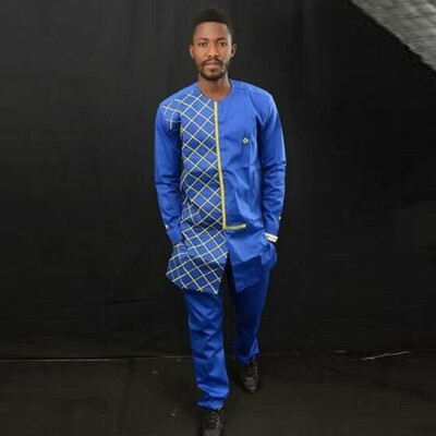 

Toponeto Mens Autumn Winter Luxury African Print Long Sleeve Dashiki Shirt Suit