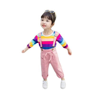 

Autumn Baby Girl Clothes Outfits Long Sleeve Rainbow Striped SweatshirtStrap Trousers Casual Sets