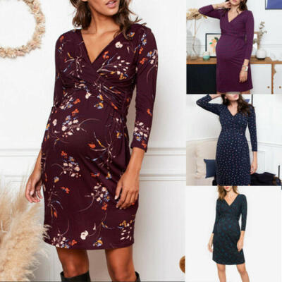 

Pregnant Womens Floral Wrap Dress Maternity Bodycon V-Neck Ladies Nursing Dress