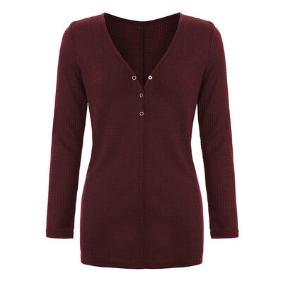 

Women Girls Sexy V-neck Button Long Sleeve T-shirts Solid Color Blouse Tops