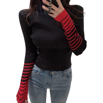 

Women Winter Striped Print Slim Sweater Fashion Half High Collar Simple Long Sleeve Slim Bottom Knit Sweaters