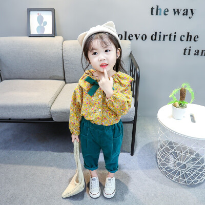 

Children Spring Autumn Cartoon Floral Printed Long Sleeve Round Collar Casual Tops Solid Color Pants