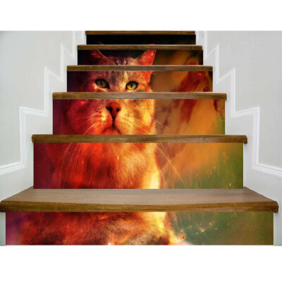 

6 pcs 3D Bookshelf Cat Tiger Self-adhesive Staircases Sticker DIY Decoration for Hallway Step Floor