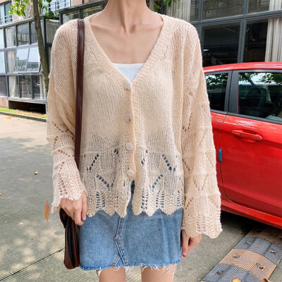 

2019 Fashion Ladies Hollow Sweaters Long Sleeve Cardigans Thin Tops V-Neck Ruffles Solid Sweaters Single Breasted Knitted Tops