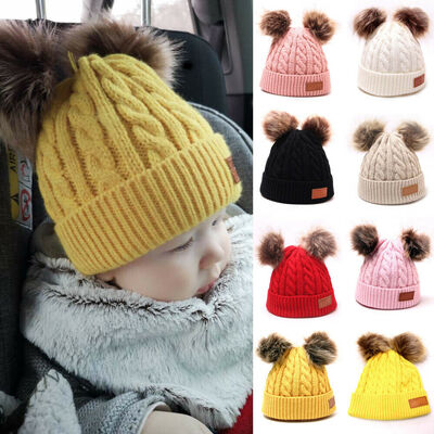 

Mom&Newborn Baby Boy Girls Winter Warm Double Fur Pom Bobble Knit Beanie Hat Cap