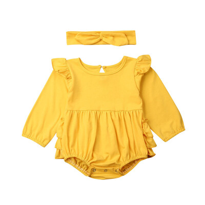 

Baby Girl Cotton Infant Long Flare Sleeve Autumn JumpsuitHeadband Newborn Romper Set