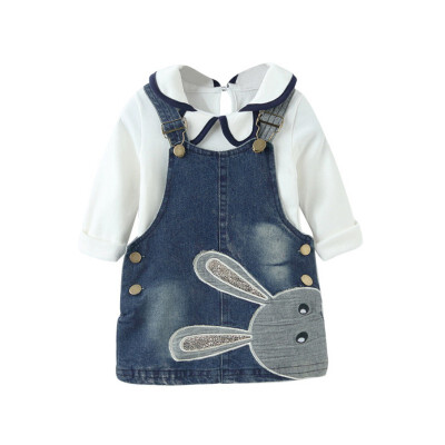 

2 PCSSET Spring Autumn Baby Girls Lace T shirtsJeans Dress Baby Girls Denim Dress Embroidered Sling Children Clothing Sets