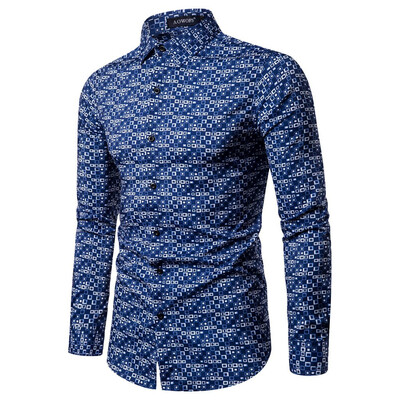 

Toponeto Mens Ethnic Style Vintage Printing Slim Long Sleeve Dress Shirt Blouse Tops