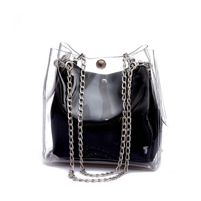 

Fashion Women Transparent Case Handbags Casual Girls 2019New Wild Messenger Bag Chain Bucket Shoulder Bags Solid Color PU Bucket
