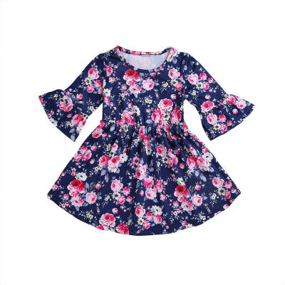 

Autumn Casual Baby Girls Long Flare Sleeve Floral Print Dress Kids Princess Party Pageant Dresses for Kids 2-6T Clothes Blue