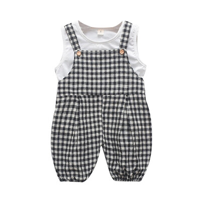 

Summer Baby Girls Casual Sleeveless Cartoon Print Vest TopsPlaid Suspenders Bib Pants Shorts Suits Costume Set