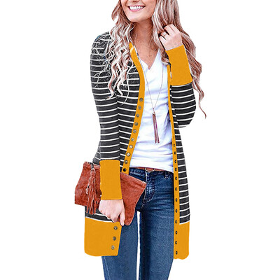 

Roseonmyhand Women Casual Long Sleeve Stripe Patchwork Long Cardigan Tops Blouse Coat