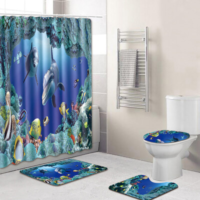 

〖Follure〗4PCS Sea Style Non Slip Toilet Polyester Cover Mat Set Bathroom Shower Curtain