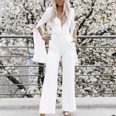 

Tailored Women Fashion Solid V-neck Zipper High Fork Opening Long Sleeve Jumpsuit
