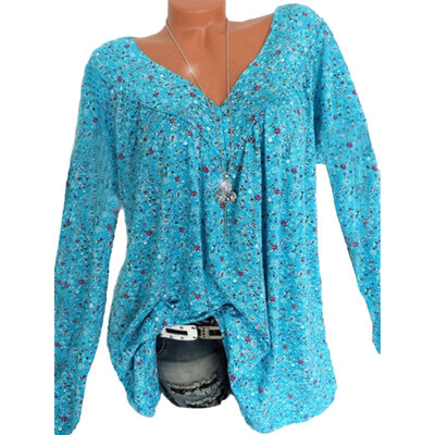 

Autumn Plus Size Causal Floral Print V Neck Long Sleeve Women Loose T-Shirt Top