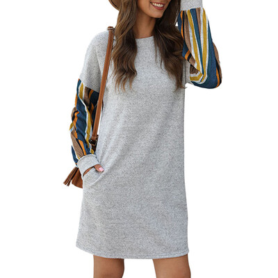 

Women Autumn Fashion Casual All-match Colorful Stripes Stitching Round Collor Long Sleeves Loose Dress