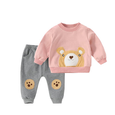 

Autumn Baby Kids Boys Girls Long Sleeve Cotton Clothing Sets Cute Cartoon Bear Printed Sweatshirt Solid Color Trouser Sets