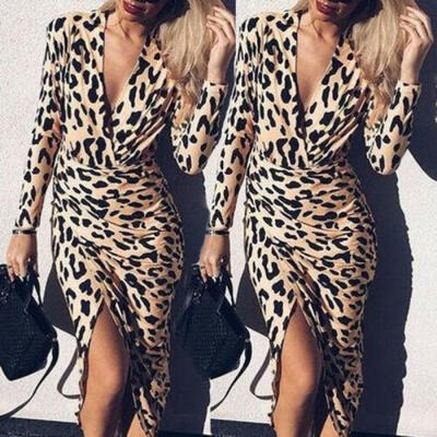 

Women Bodycon Leopard Print Long Sleeve Evening Party V Neck Cocktail Club Dress