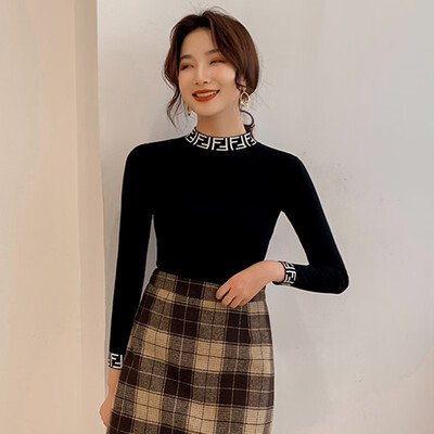 

Sweater Women Spring Autumn Knitted Turtleneck Letter Embroidery Sweaters Knitwear Elasticity Casual Knit Jumper Slim Pullovers