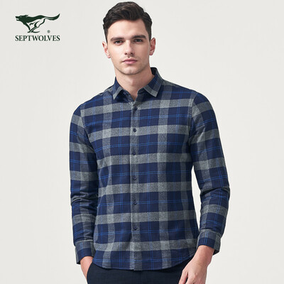 

Seven wolves long-sleeved shirt men 2018 winter new fashion casual plaid long-sleeved shirt cotton thick new shirt mens 102 dark blue 16548AM